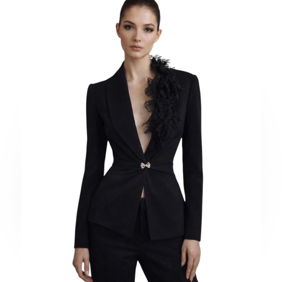 RARE Archival John Galliano 2003 3D Lace Trim Blazer Rhinestone Bow Button Y2K